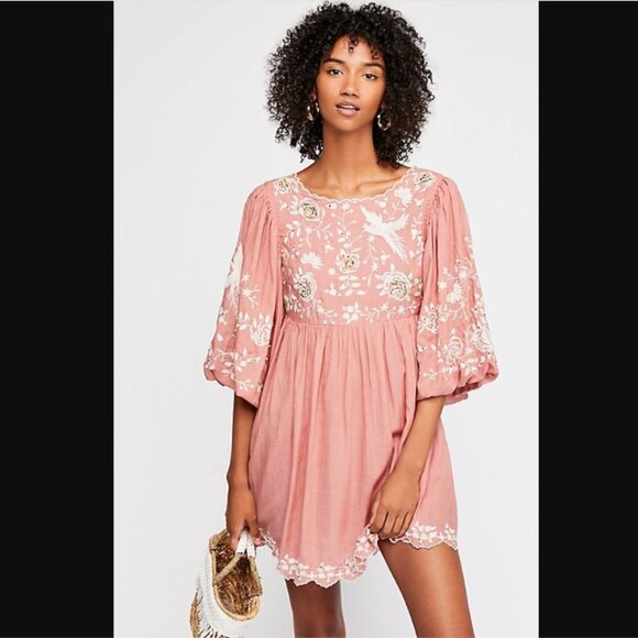 Free People Dress Womens 12 Pink Embroidered Bridget Mini Boho Puff Floral West - Picture 1 of 16
